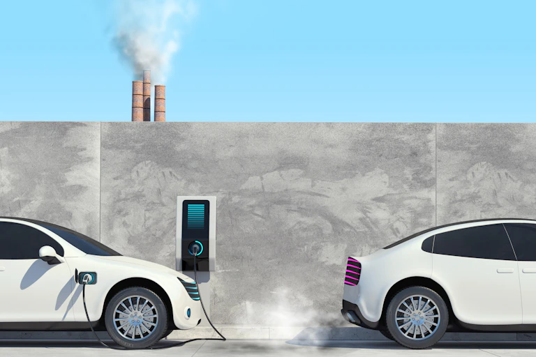 illustration of an electric car charging while a diesel car takes off.