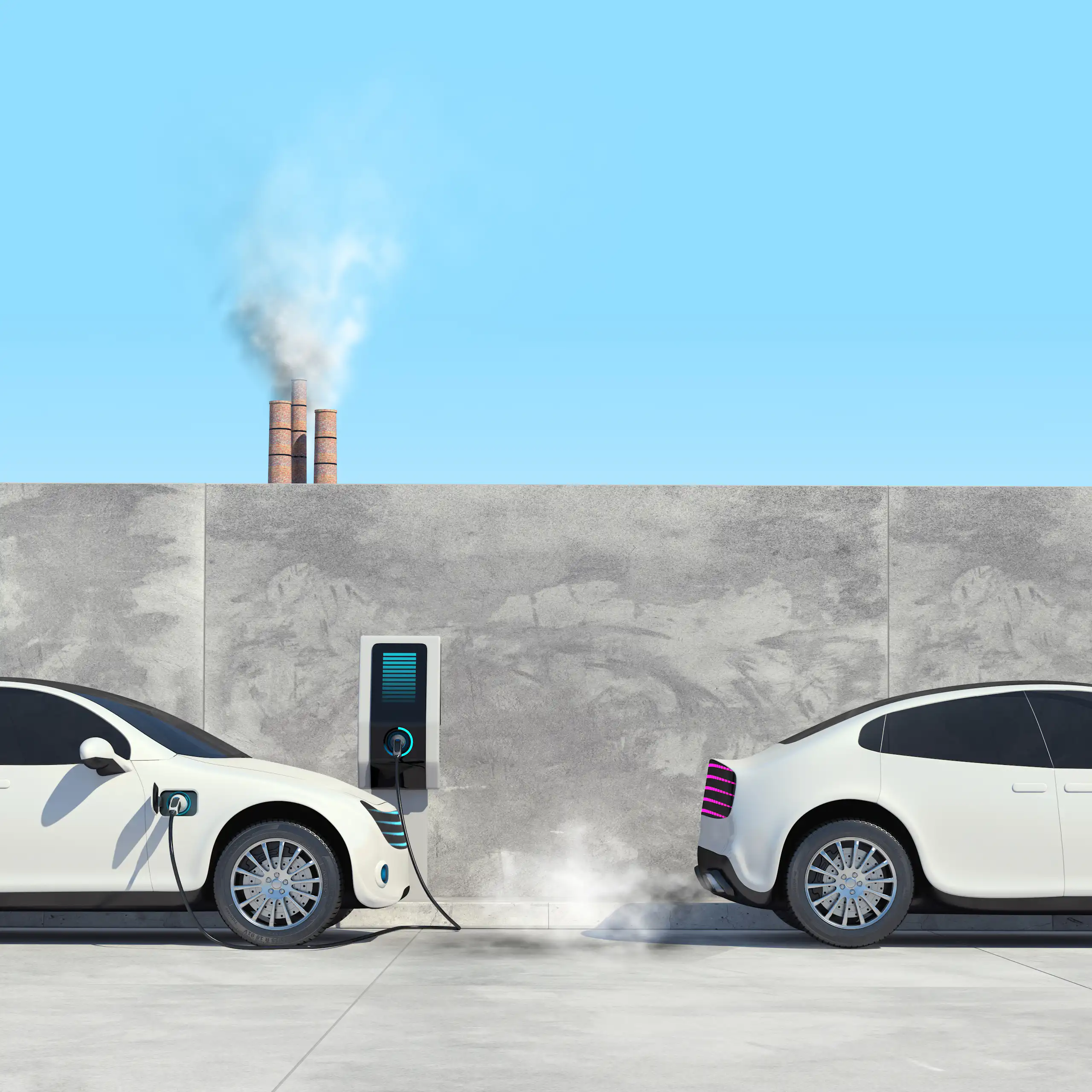 illustration of an electric car charging while a diesel car takes off.