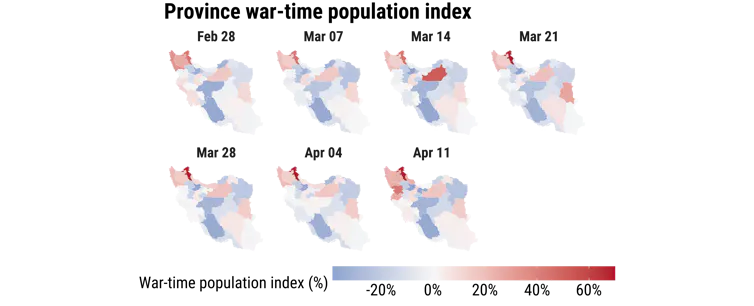 A series of maps showing population change in iran since February 28