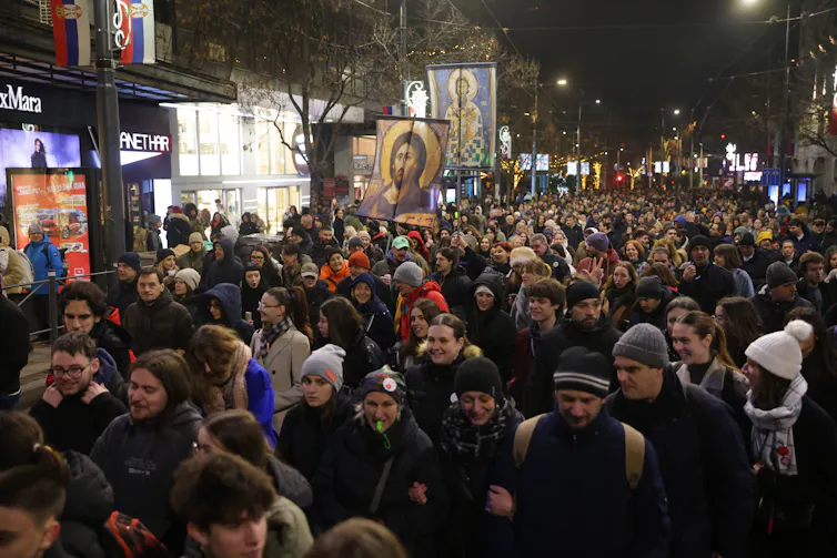 Protestors march during a student demonstration in Belgrade.