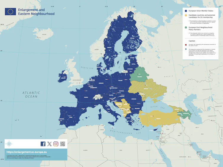 A map showing EU members and candidate countries.