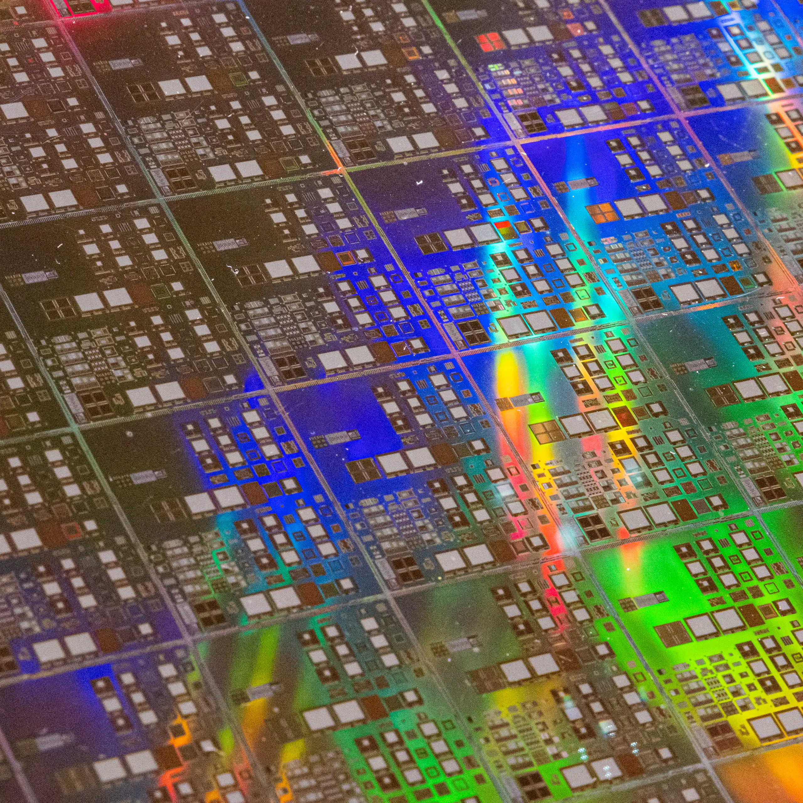 an irridecent rainbow pattern reflects off a shiny surface covered with repeated patterns of rectangles of various sizes