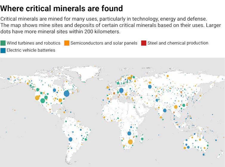 Mapa mostra locais de minas e depósitos de minerais críticos e áreas com grande número deles.
