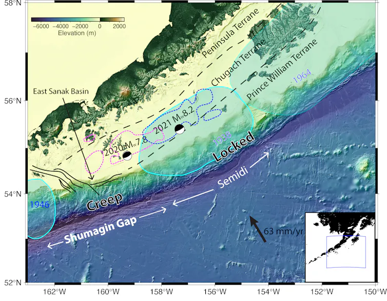 A topographic map shows the Shumagin gap between two spots where major earthquakes occurred recently.