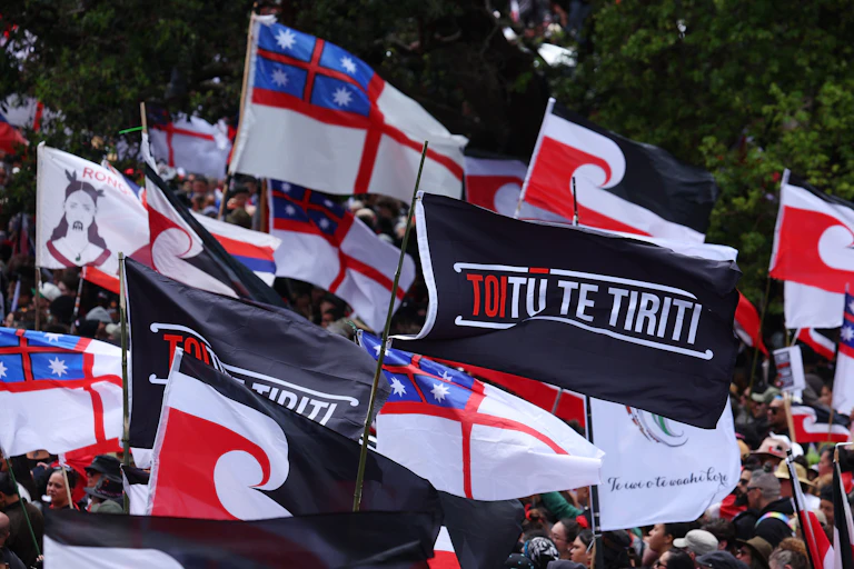 Māori sovereignty flags flying at a protest march
