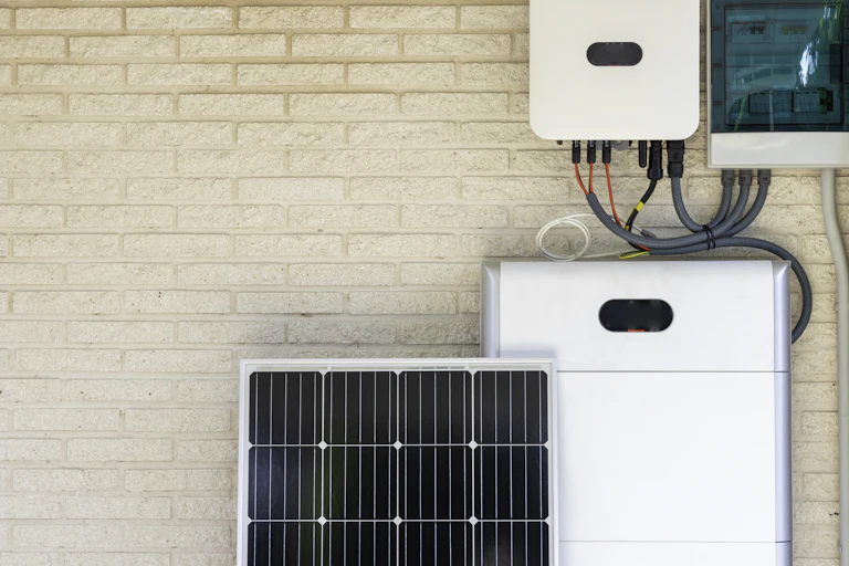A solar panel and battery attached to a beige wall.