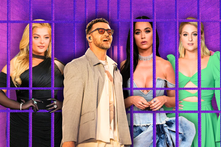 A composite shows women celebrities behind bars, and a man standing in front.