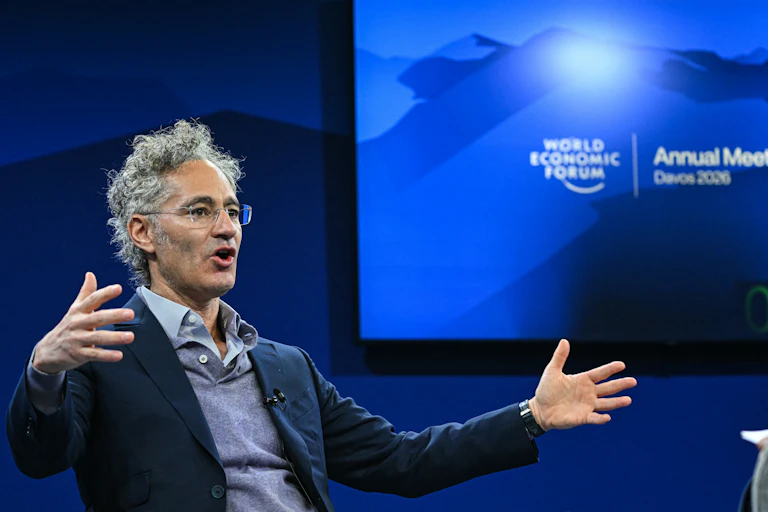 Palantir chief executive Alex Karp speaking at the World Economic Forum