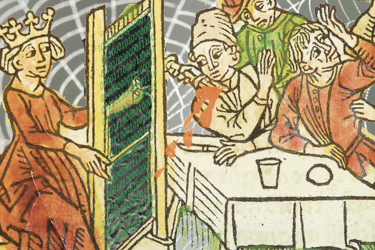 A medieval-style drawing showing people looking at a frame filled with ones and zeroes.