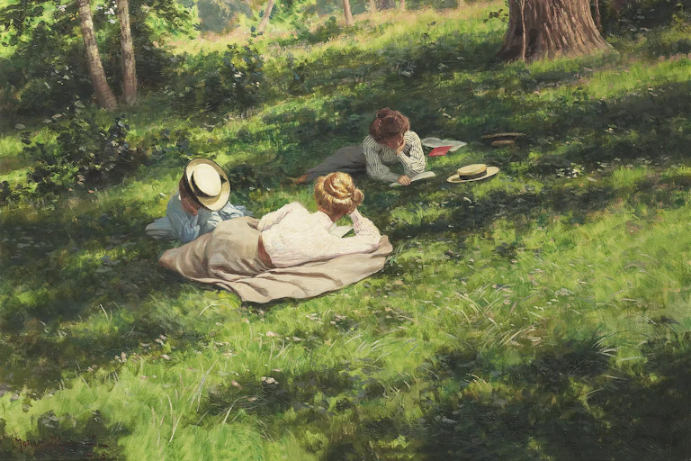 Painting of three women lying in the grass and reading