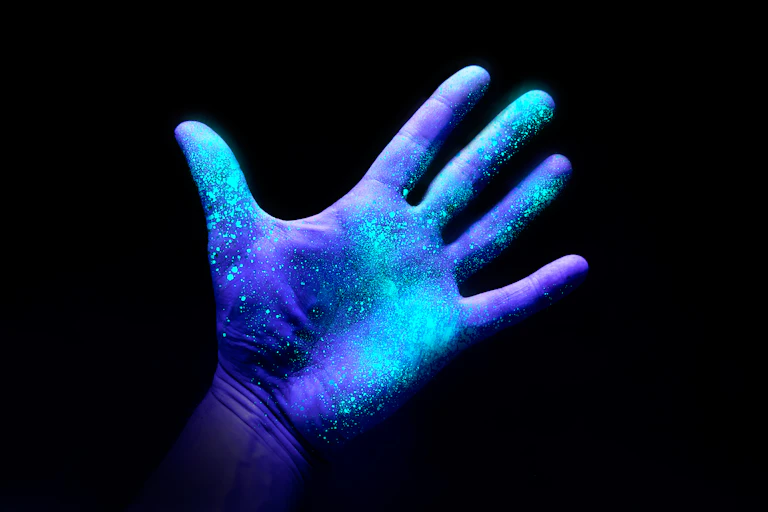 Imagen de una mano iluminada con luz ultravioleta