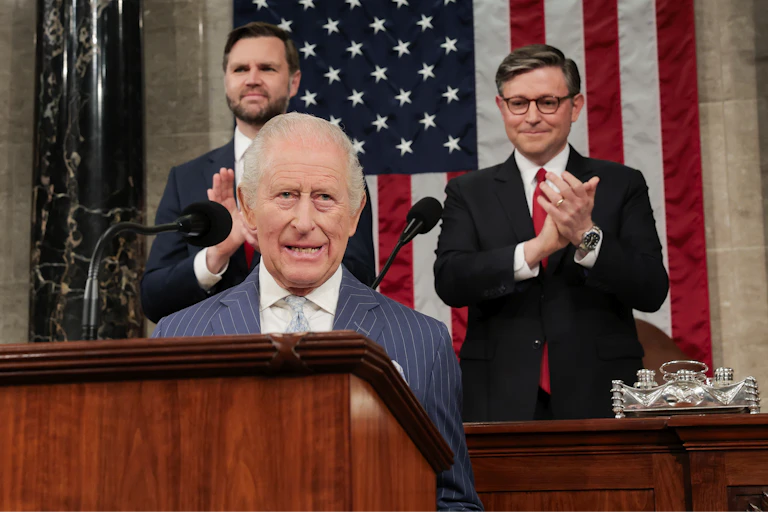 King Charles speaking in the House chamber, with vice president JD Vance and speaker Mike Johnson behind him