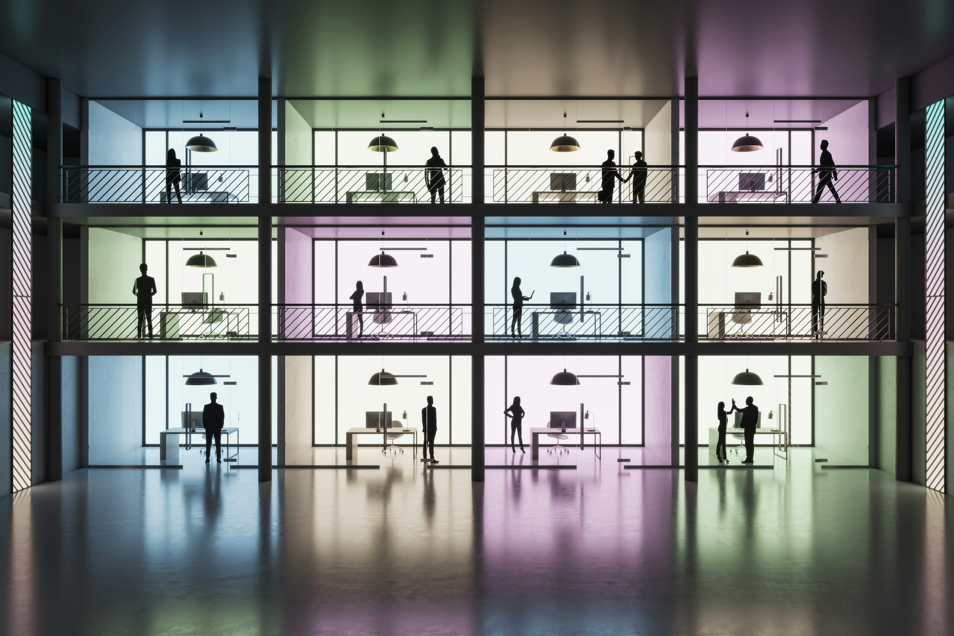 Silhouetted meeting rooms on three floors.