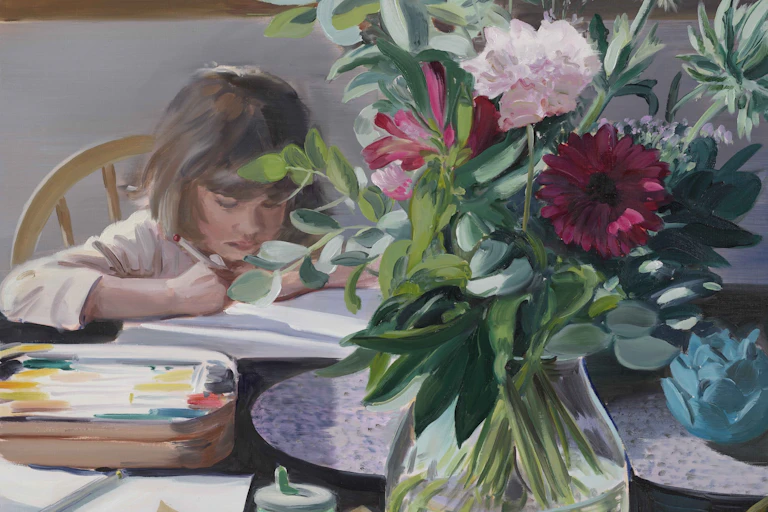 Painting of a child doing homework at the kitchen table next to a large bouquet of flowers