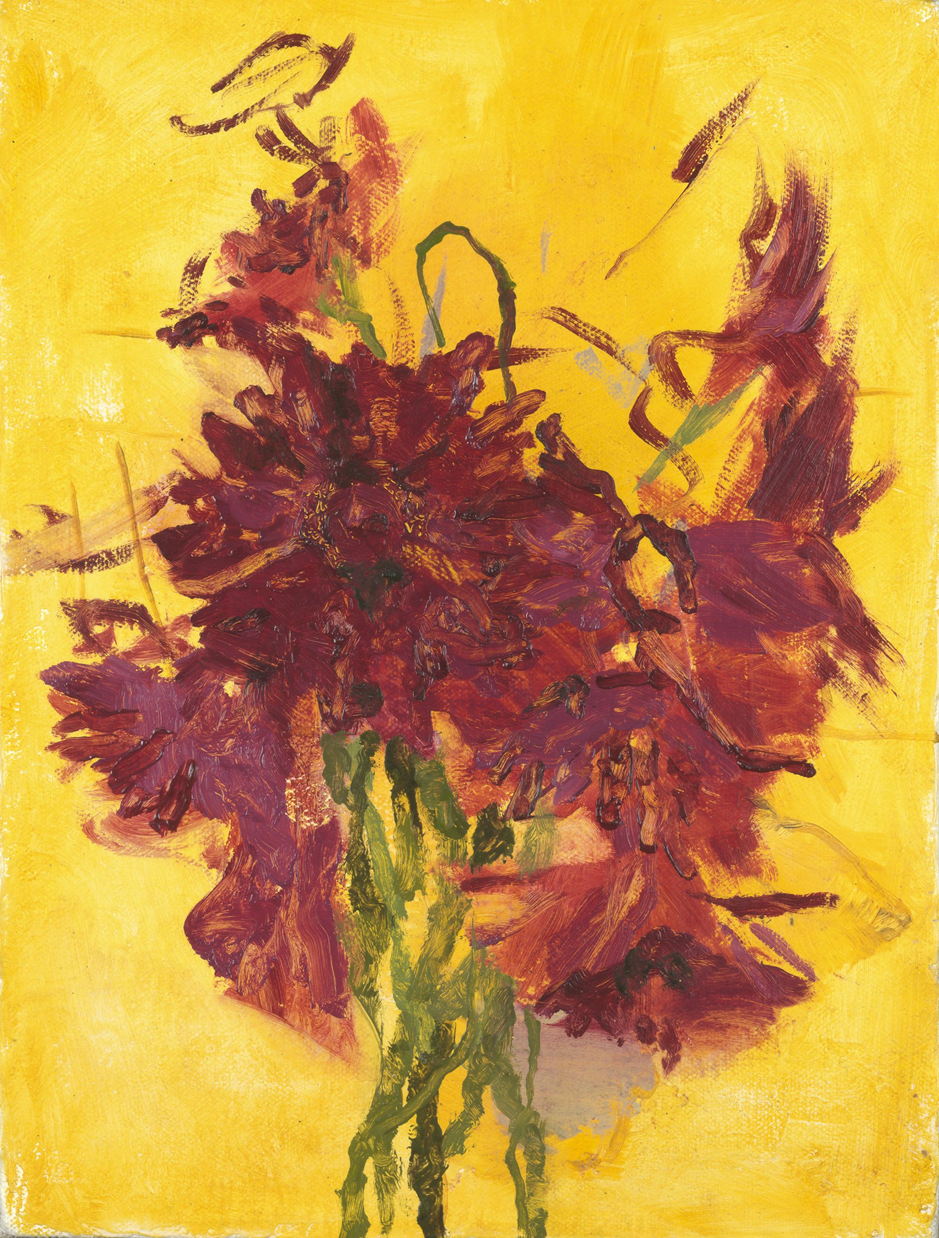 painting of pink Chrysanthemums with yellow background.