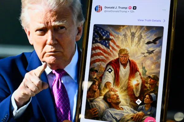 A photo of a man pointing next to an image of a Jesus-like figure placing his right hand on the forehead of another man.