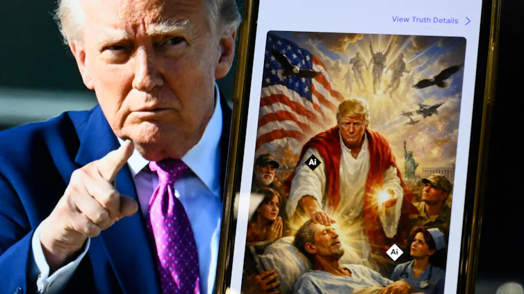 A photo of a man pointing next to an image of a Jesus-like figure placing his right hand on the forehead of another man.