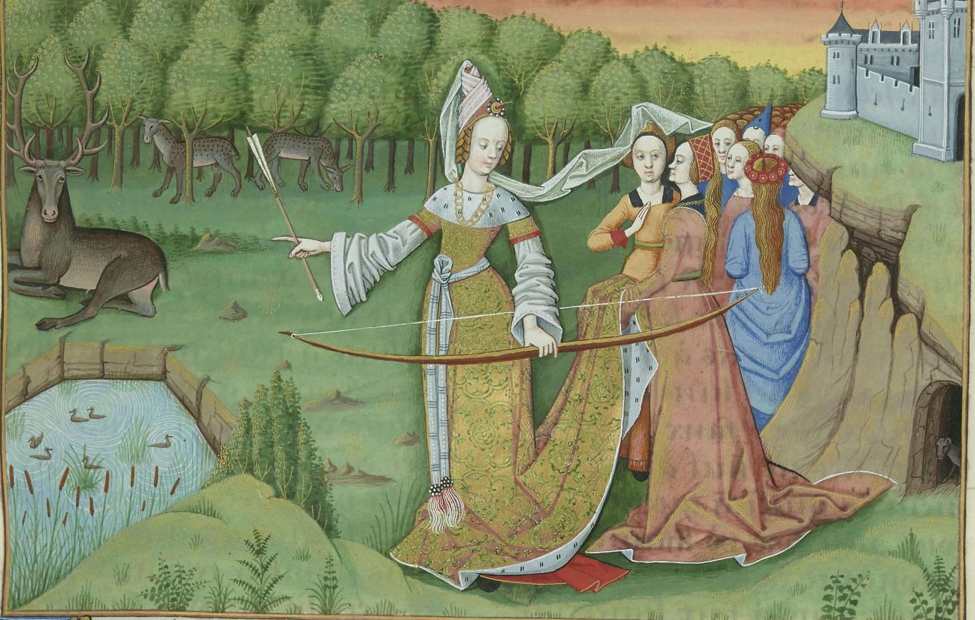 Dibujo de una mujer medieval con un lazo rodeada de otras mujeres.