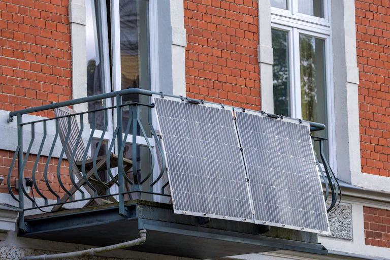 Two solar panels hang over the edge of a small balcony on the exterior of a brick building.