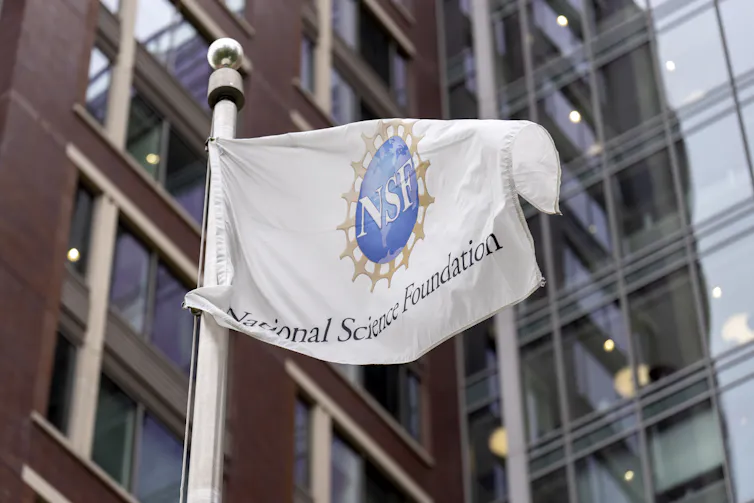 White flag with NSF logo flapping over a backdrop of two glass facades