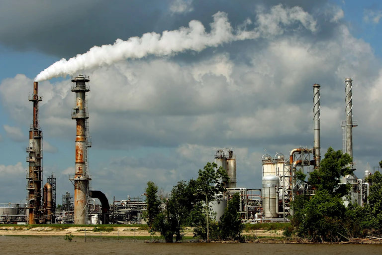 A view of a large oil production plant, including two large towers emitting vapor.