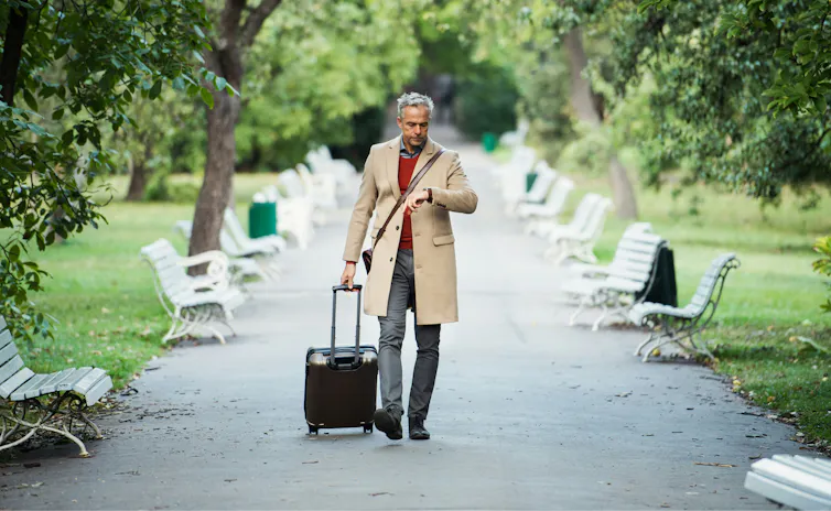 A grey-haired man pulls luggage through a city park while looking at his watch.