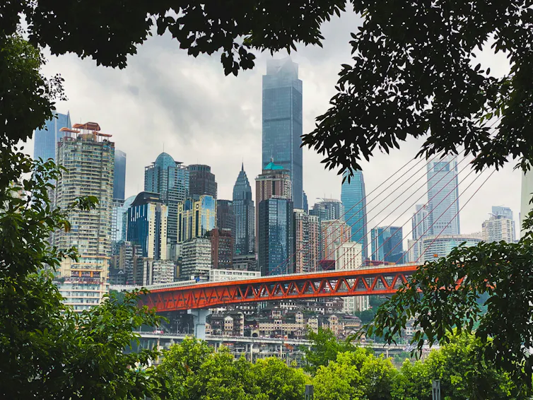 A city vista with a large bridge.