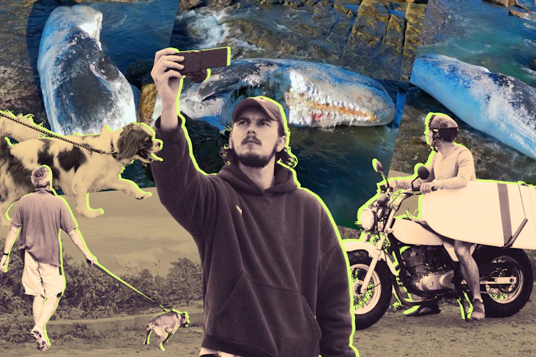 A man taking a selfie in front of a sperm whale carcass in Sydney