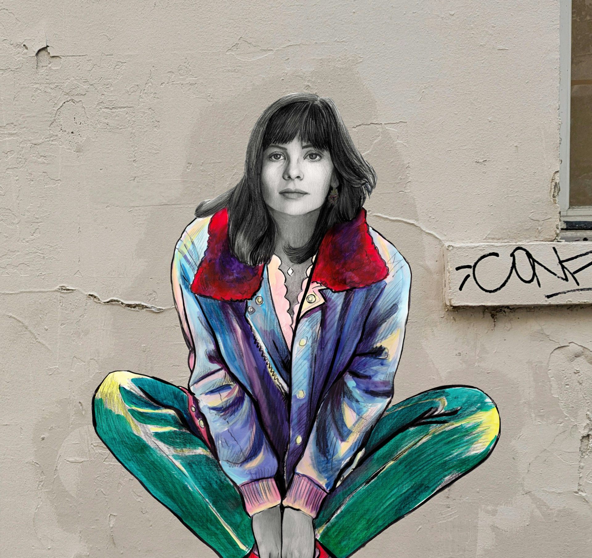 Dessin portrait de Marie Trintignant sur un mur de Paris.