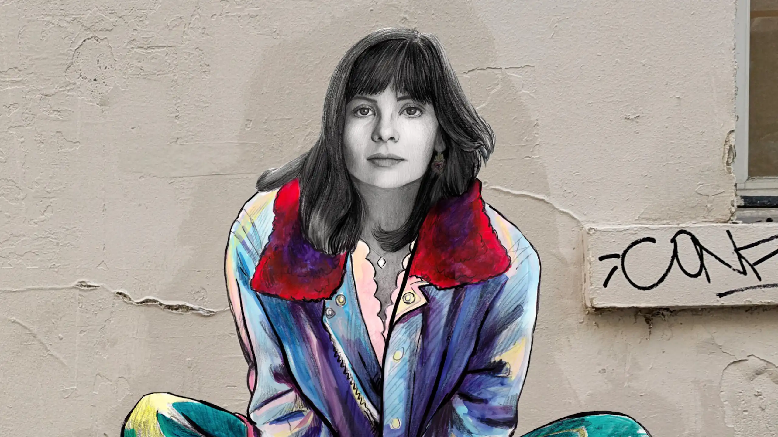 Dessin portrait de Marie Trintignant sur un mur de Paris.