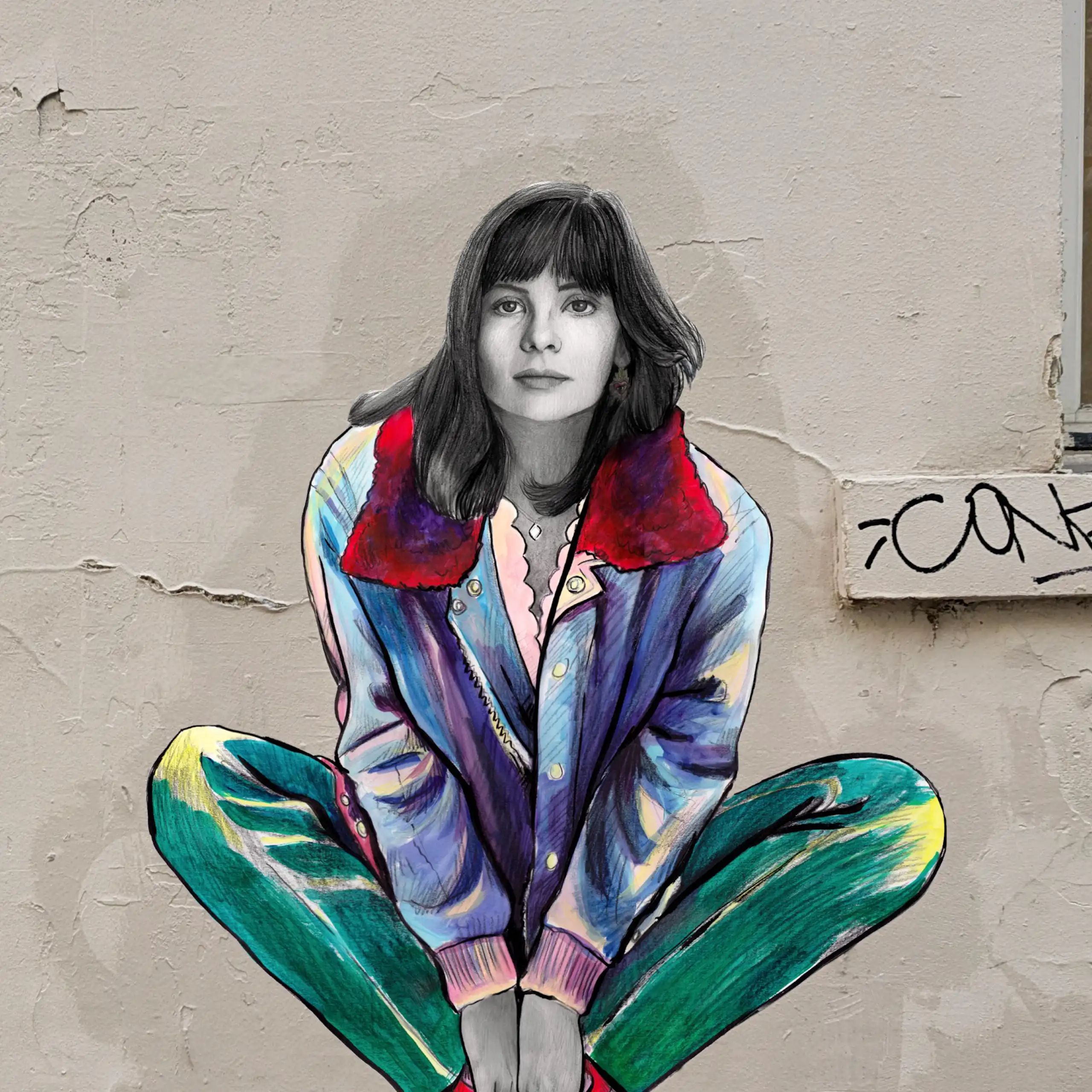 Dessin portrait de Marie Trintignant sur un mur de Paris.