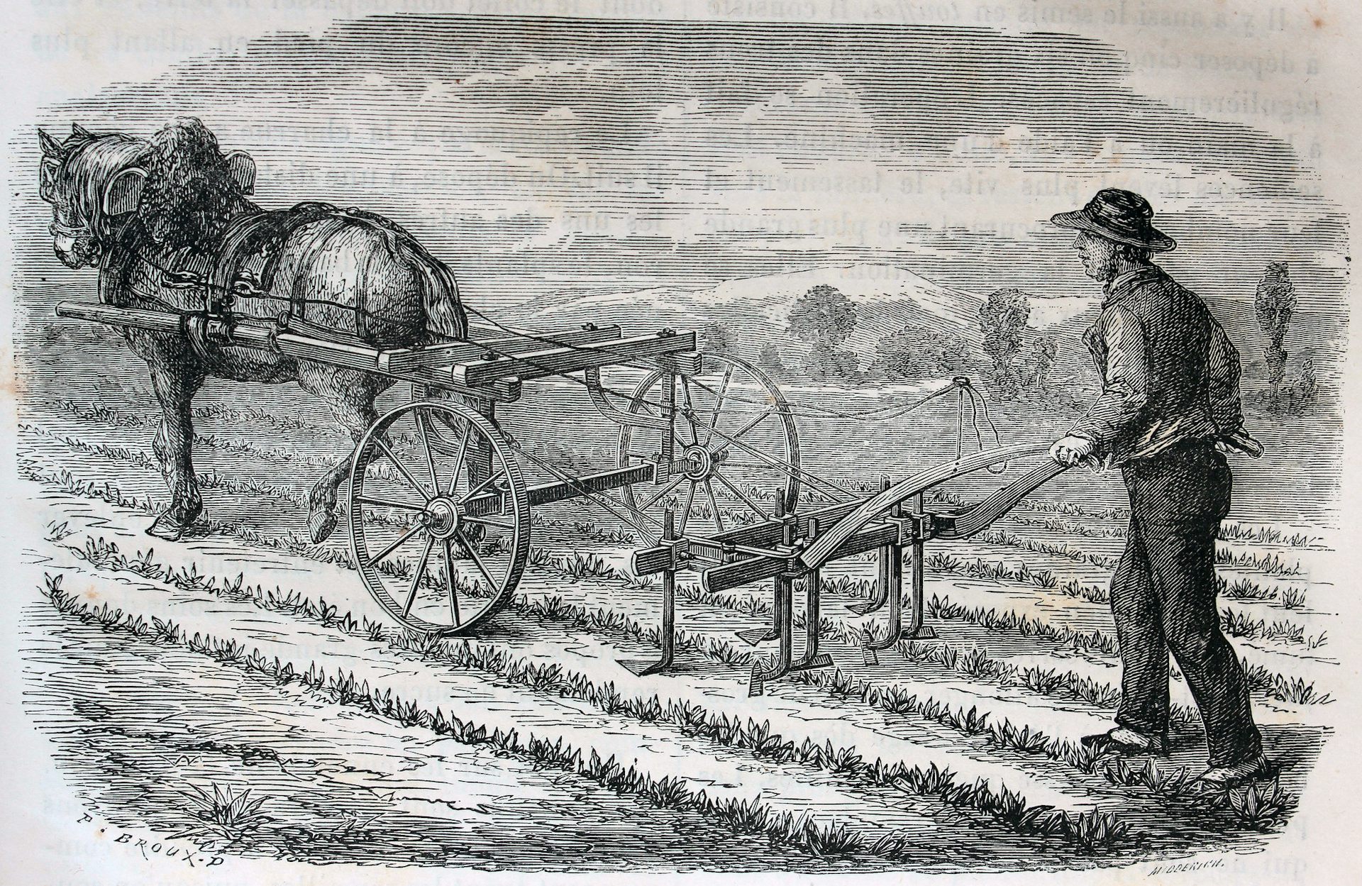 gravure en noir et blanc représentant un homme avec une charrue tractée par un cheval
