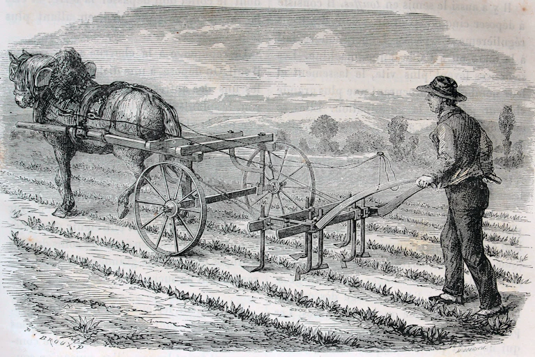 gravure en noir et blanc représentant un homme avec une charrue tractée par un cheval