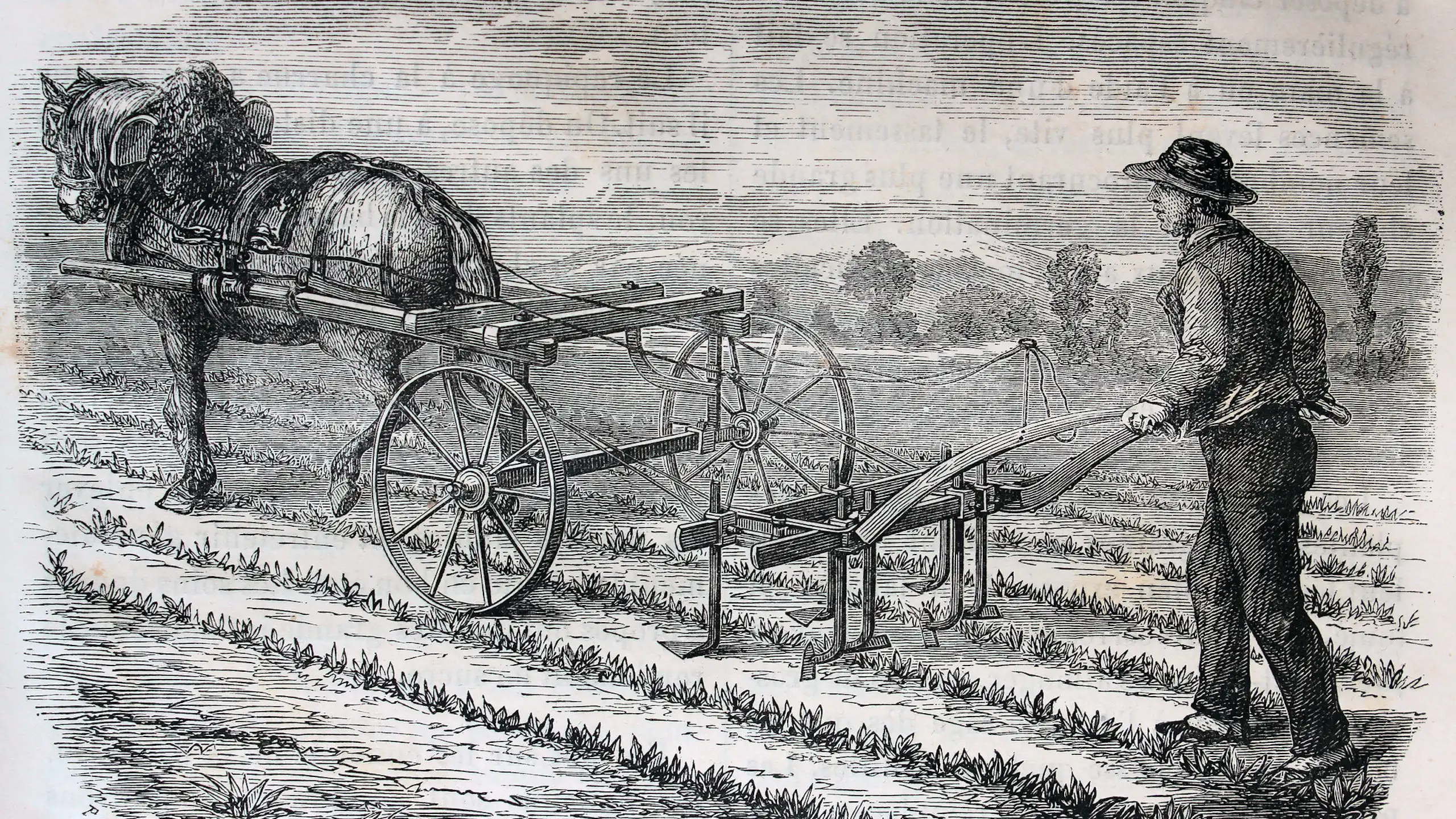 gravure en noir et blanc représentant un homme avec une charrue tractée par un cheval