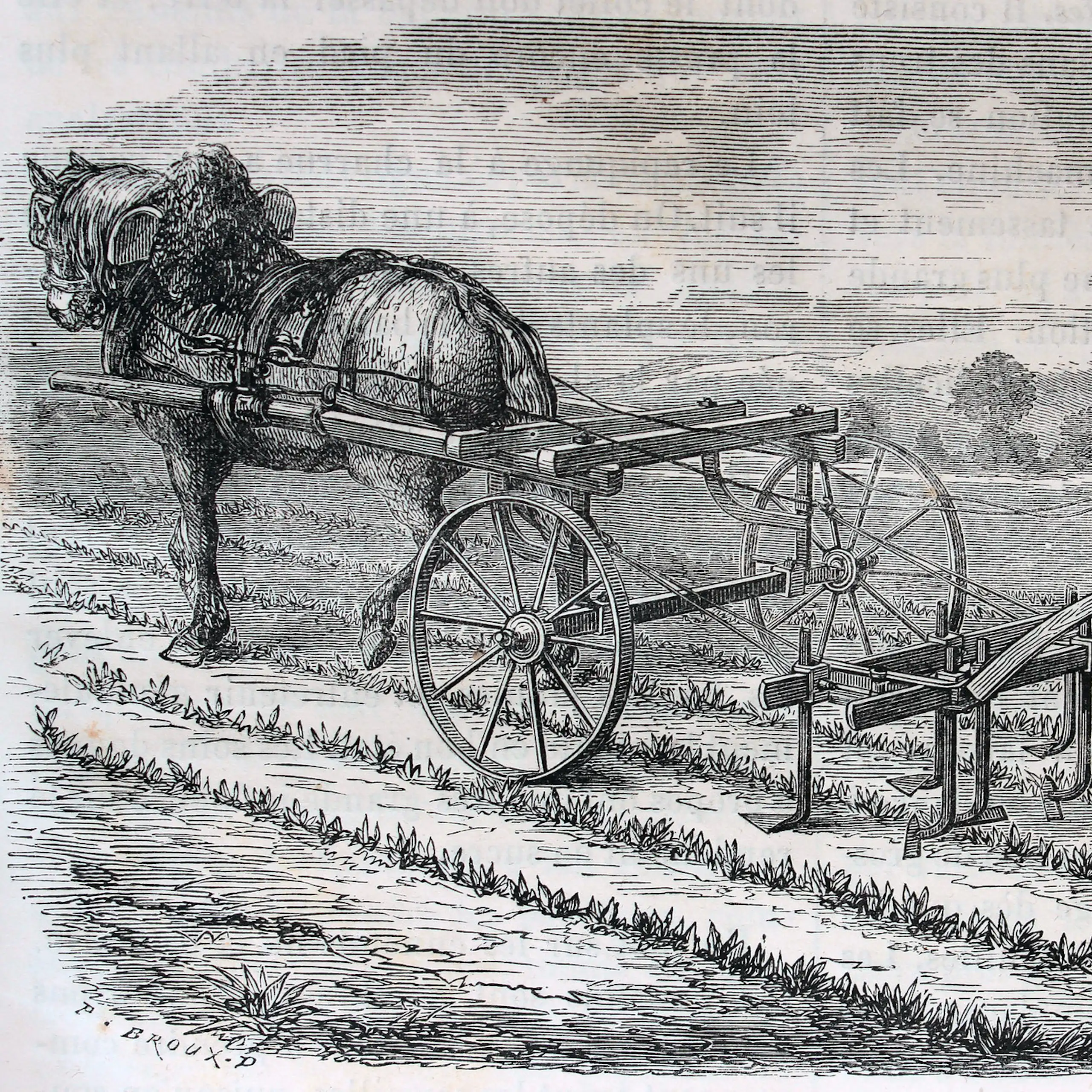 gravure en noir et blanc représentant un homme avec une charrue tractée par un cheval