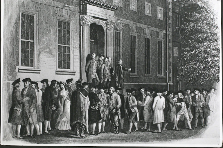 Black and white illustration of large crowd in colonial dress gathered outside of stately building