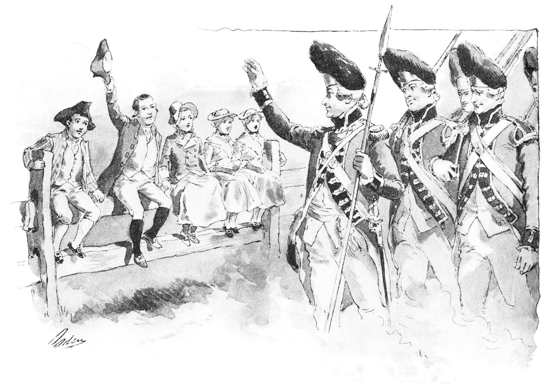 Black and white illustration of line of children in colonial dress waving to soldiers