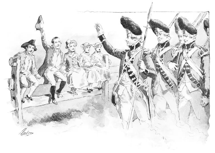 Black and white illustration of line of children in colonial dress waving to soldiers