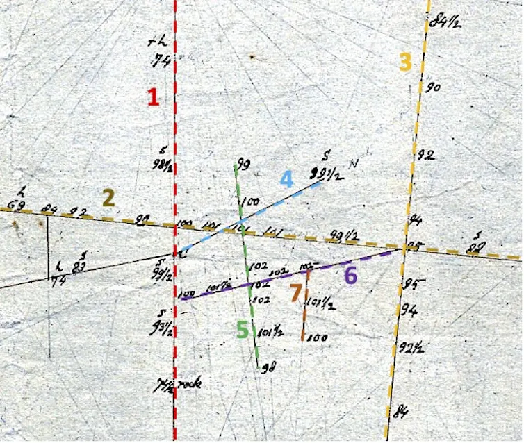 A map with several colored lines with numeric labeles.