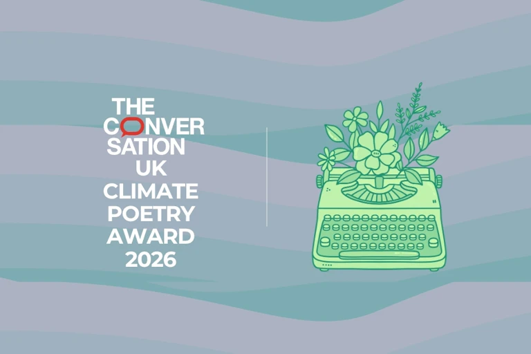 Logo for The Conversation UK Climate Poetry Prize 2026, featuring a typewriter.