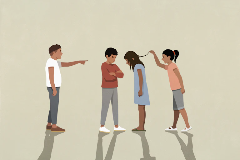 A cartoon image shows three children pointing at and holding the hair of another child, who hangs her head low.