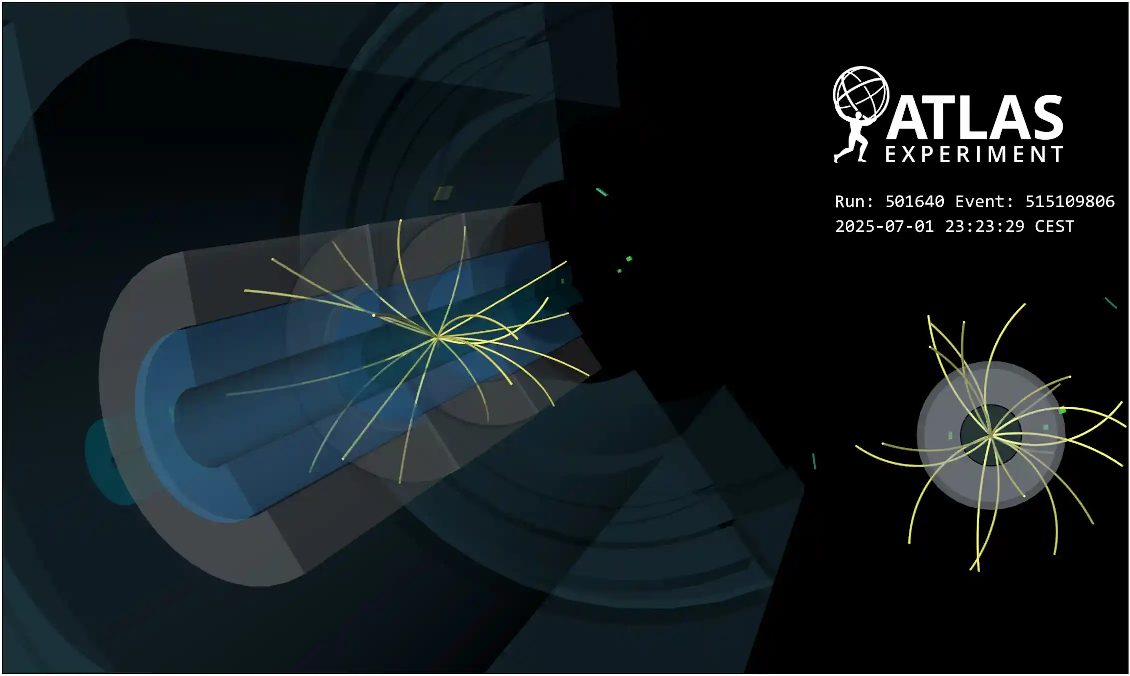 A diagram showing two particles colliding and sending off a shower of other particles in an underground tunnel.