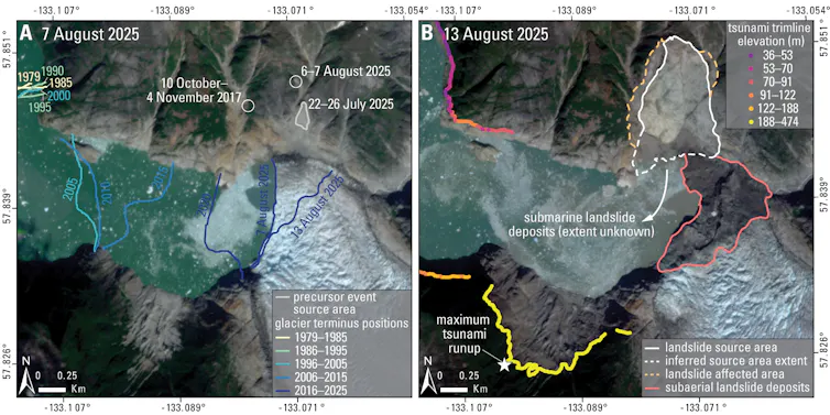 Two illustrations of Tracy Arm and the glacier's extent over time.