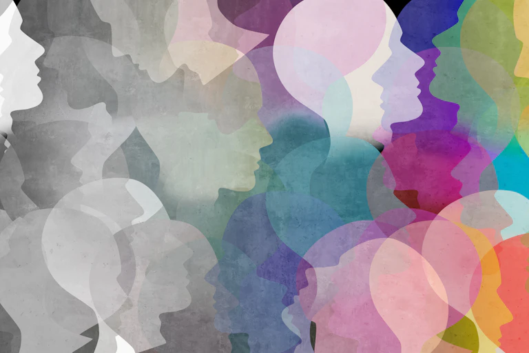A graphic of overlapping faces, in different colours
