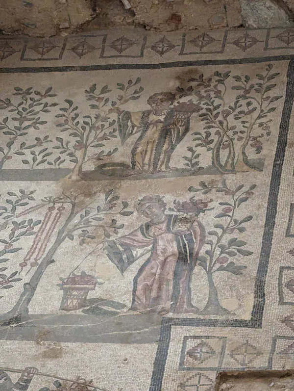 Roman farm women in mosaics at the Villa Romana del Casale, Sicily.