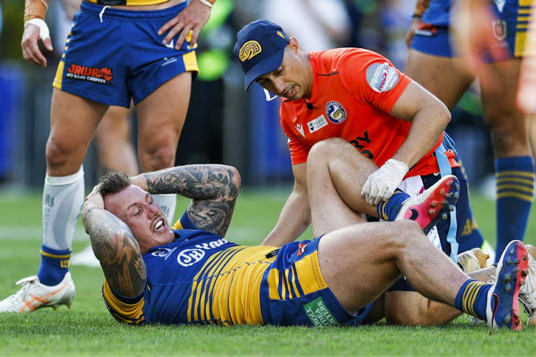 J'maine Hopgood of the Eels reacts after injuring his ACL during a 2026 NRL game.