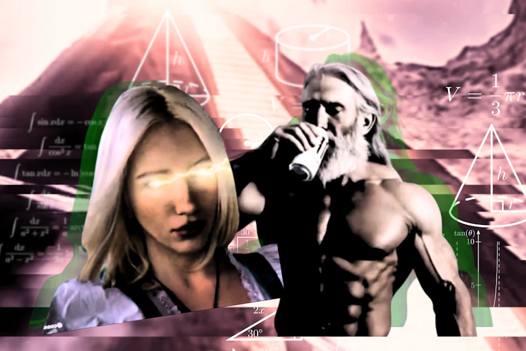 A pyramid with a muscular man drinking from a can and a woman with lightning coming out of her eyes