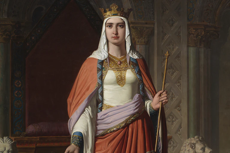 Retrato de una reina caminando por palacio.