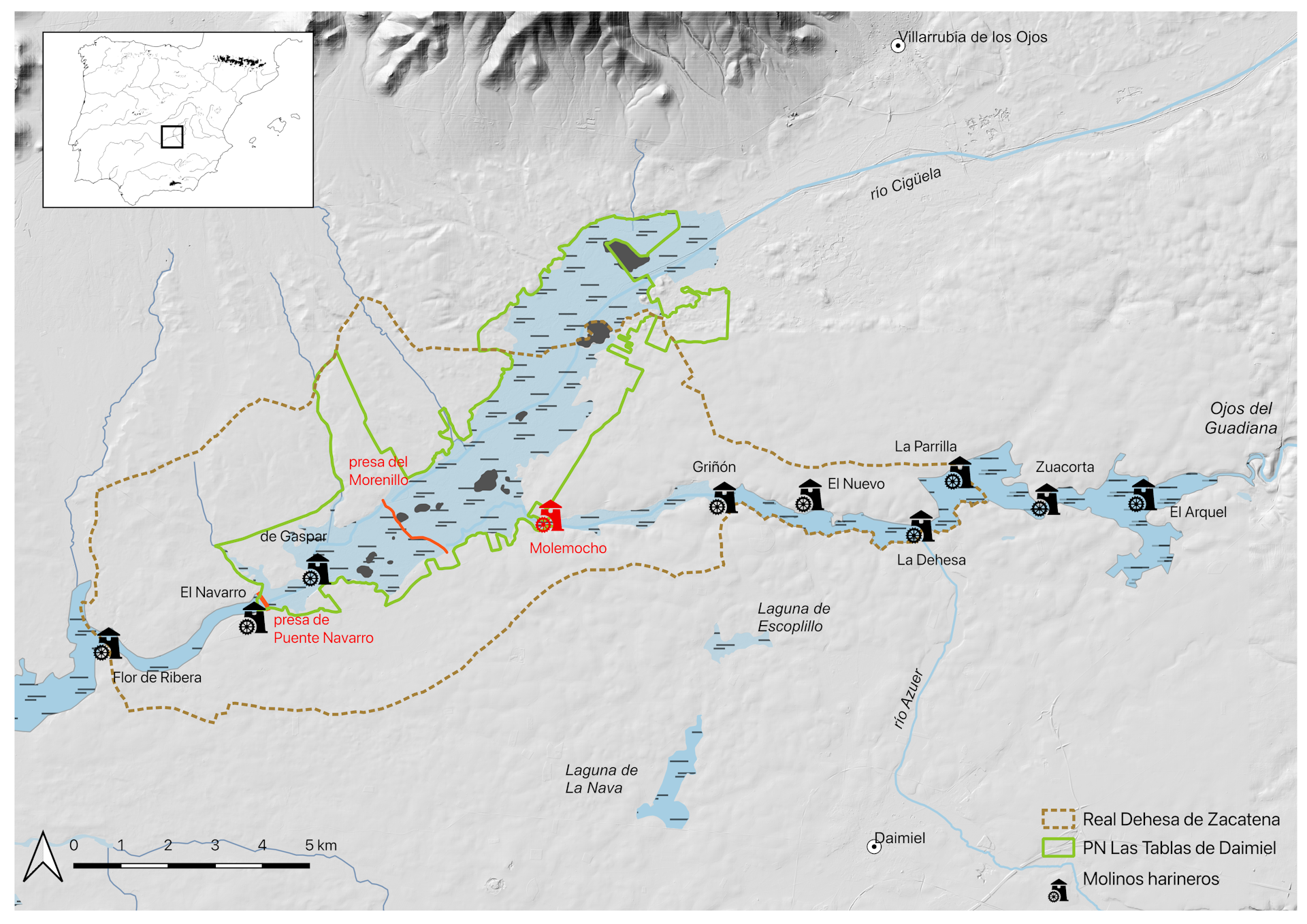 Distribución de los históricos molinos harineros y embalses de Puente Navaro y Morenillo en Las Tablas de Daimiel.