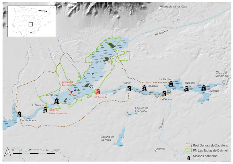 Distribución de los molinos harinero históricos y presas de Puente Navarro y del Morenillo en Las Tablas de Daimiel.